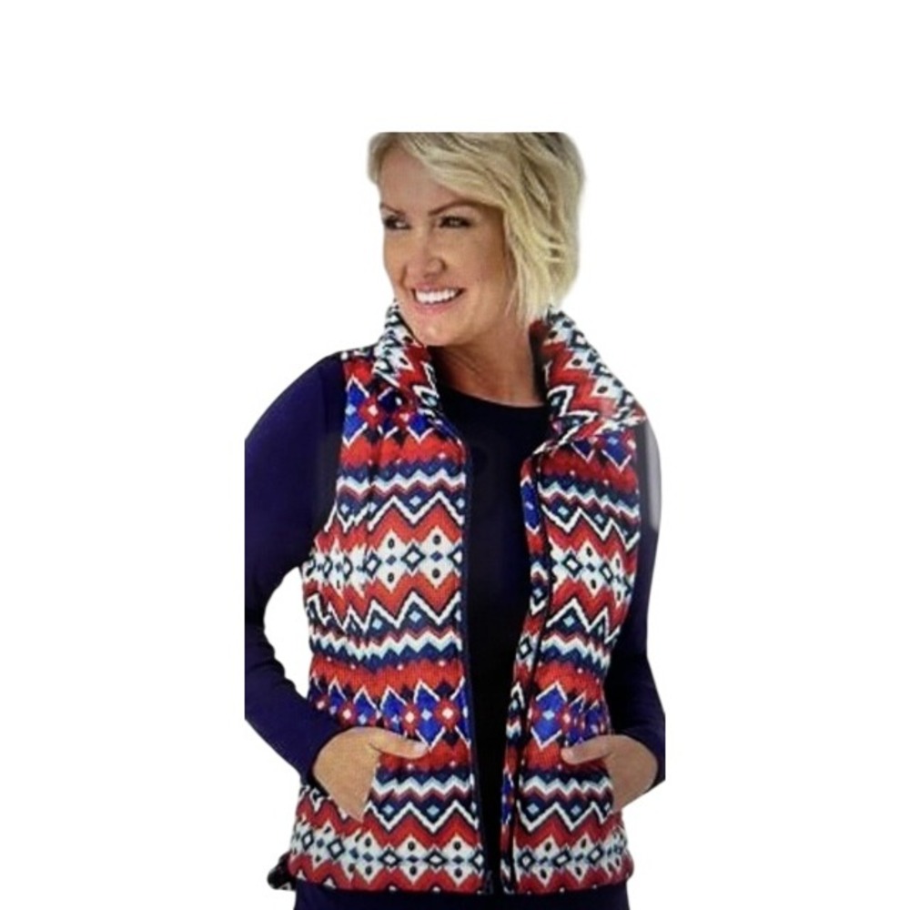 Lands' End Puffer Vest Women 1X Red Blue NWT 600 Fill Power Down Fair Isle